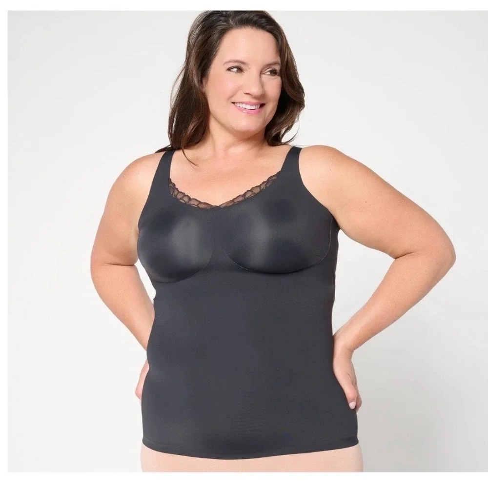 NWT Evelyn & Bobbie Lace Trim V Neck Seamless Bra Cami Black XL Smooth Shapewear